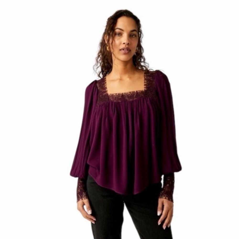 Free People Flutter By Lace Plum Lace-Back Peasant Top
